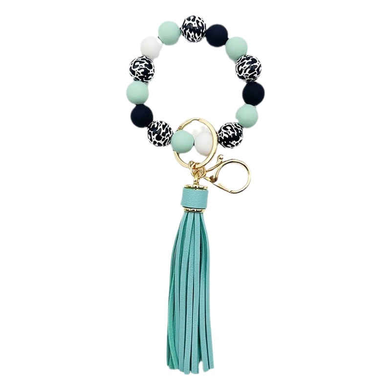 Creative Hot Sale Black Leopard White Wood Beads 14mm Rubber Paint Round Beads PU Tassel Bracelet Key Chain