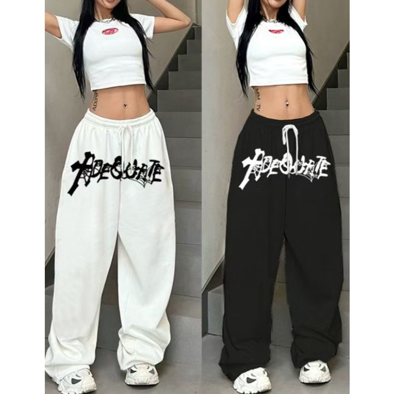 2025 New American White Hip Hop Hiphop Jazz Dance High Waist Loose Straight Wide Leg Drawstring Sport Pants
