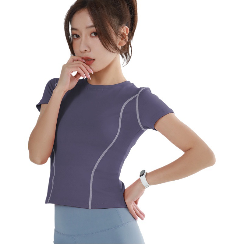 Peach Yoga Wear Round Neck Curved Yoga Short Sleeve Tight Slimming Sports Top Breathable Running Fitness Wear