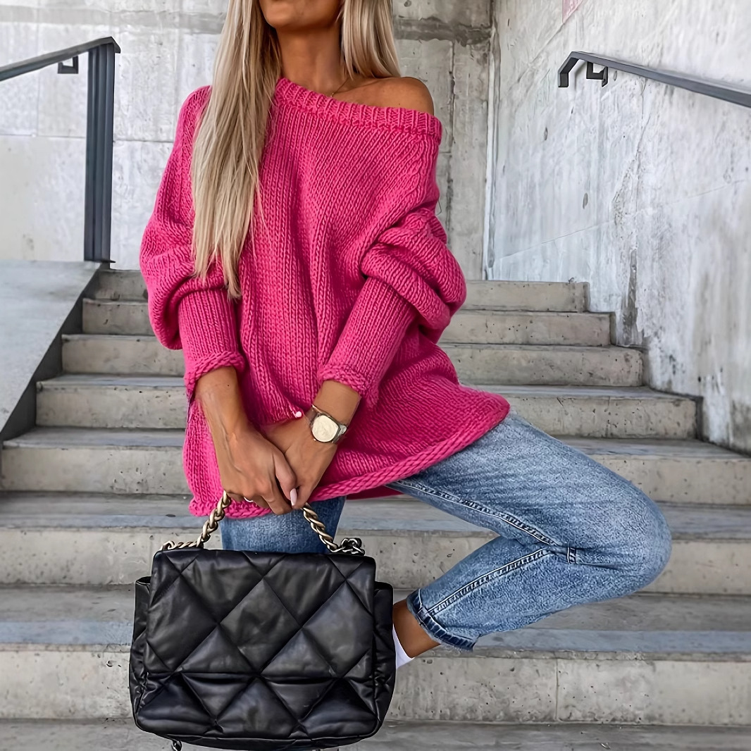 Picture of Europe and the United States cross-border Amazon autumn and winter open shoulder crew neck pullover knitted solid color temperament commuter loose plus size sweater