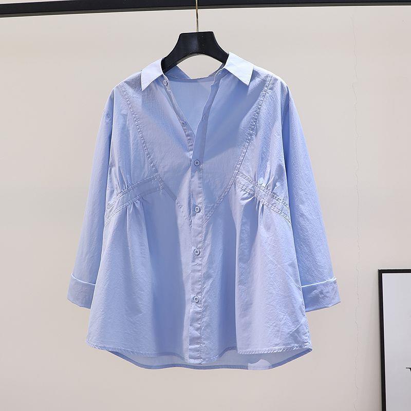 Waist design pleated loose cotton shirt women's blue long-sleeved shirt 2024 spring and summer fresh all-matching top
