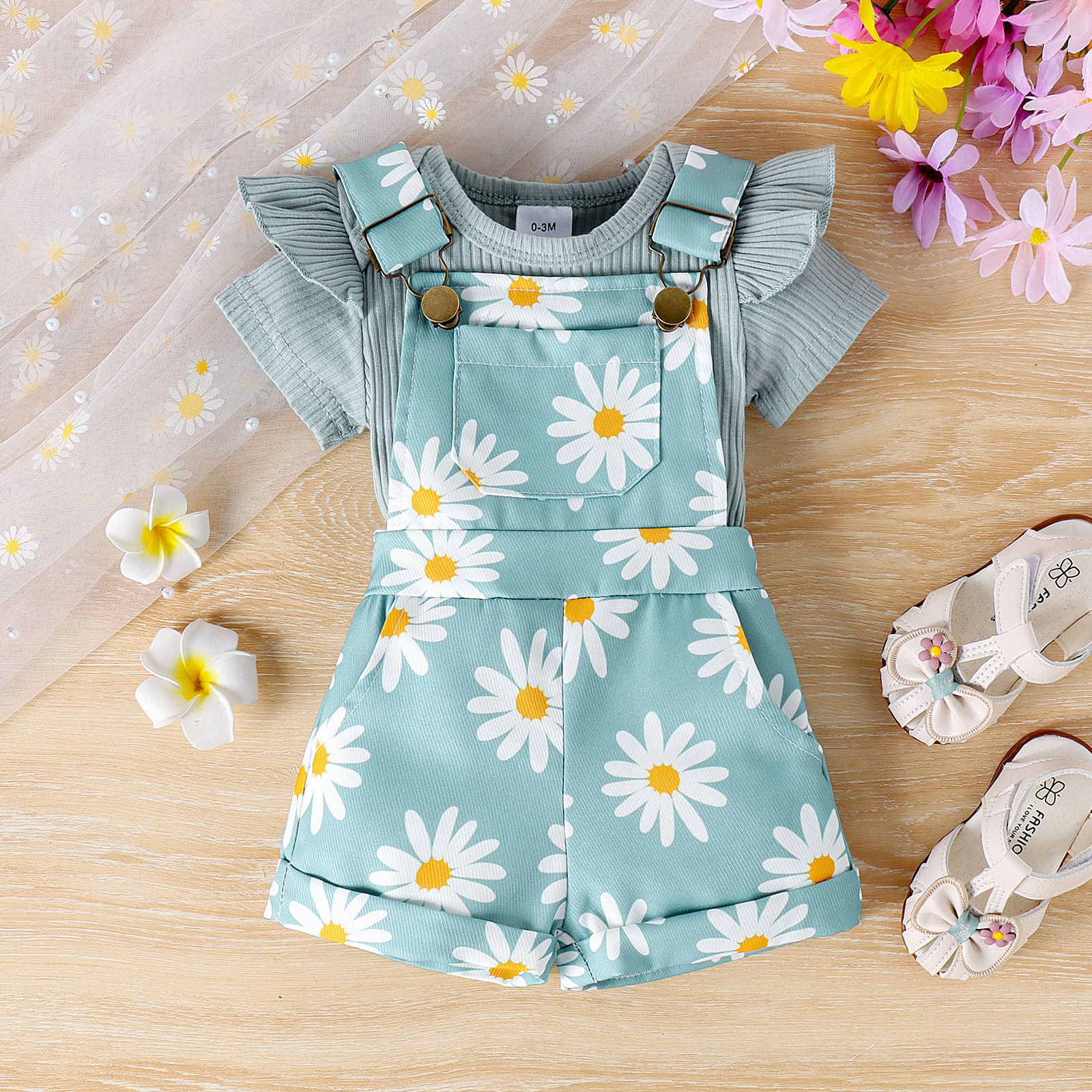Picture of Cross-border INS Summer New Girls' Baby Solid Color Pit Strip Hare Flower Printed suit