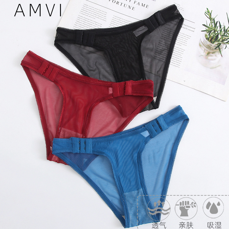 Low waist girl mesh underwear breathable pink hook buckle cotton crotch underwear women seamless sexy briefs in stock