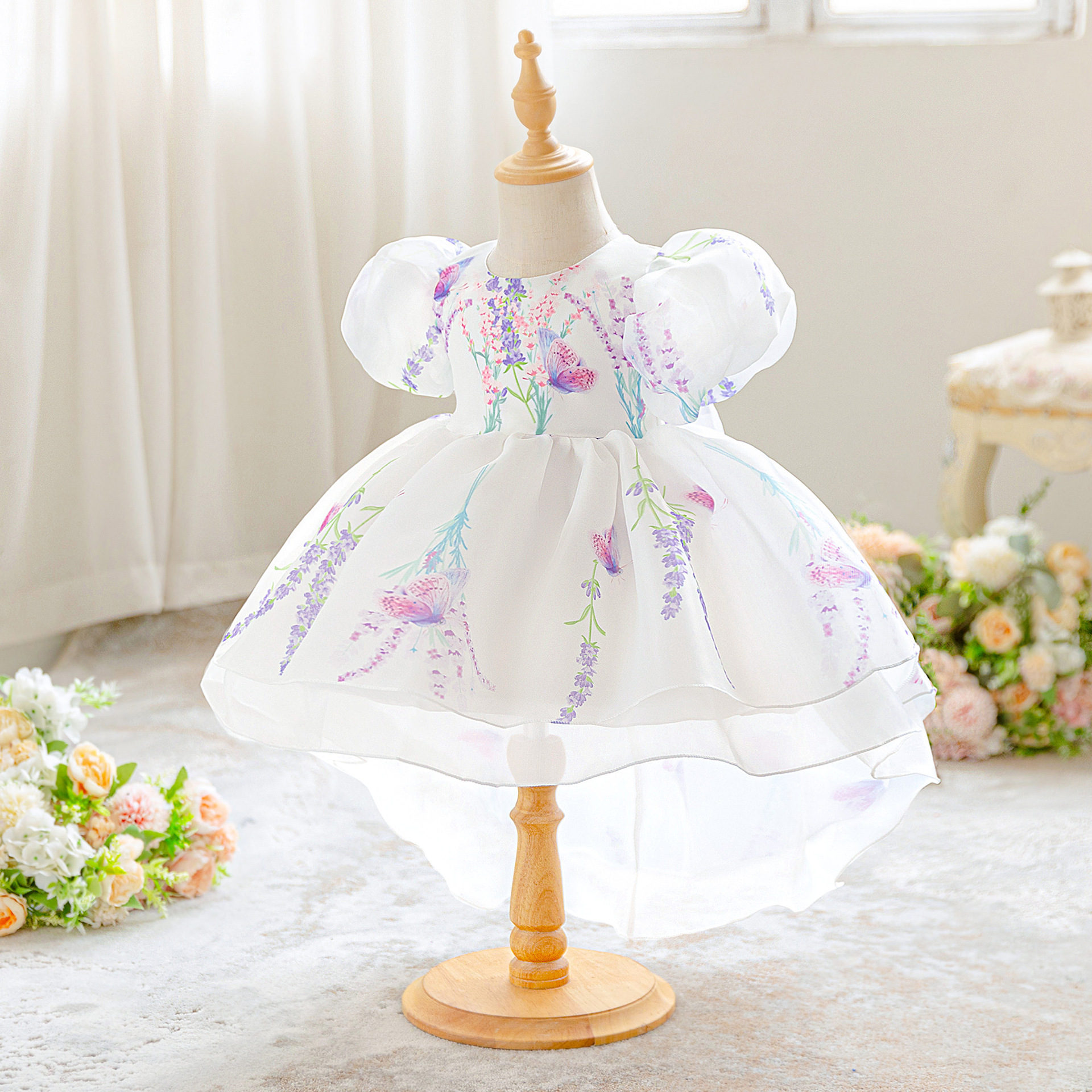2025 New Children's Dress, Puff Sleeve Printed Dress, Mesh Trailing Princess Dress, Baby Flower Girl Dress, Children's Wear
