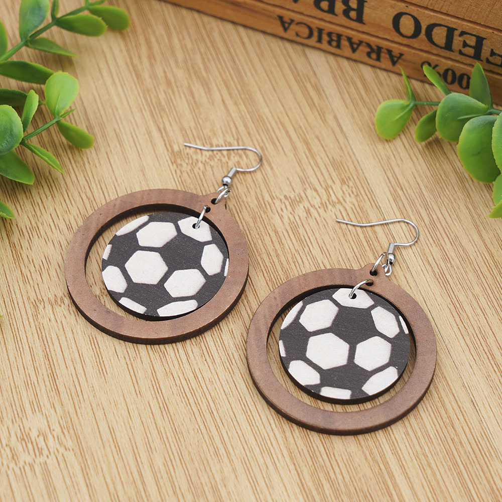 Picture of European and American Cross-border New Football World Cup Earrings Geometric Round Earrings Double-sided Wooden Earrings Sports Accessories