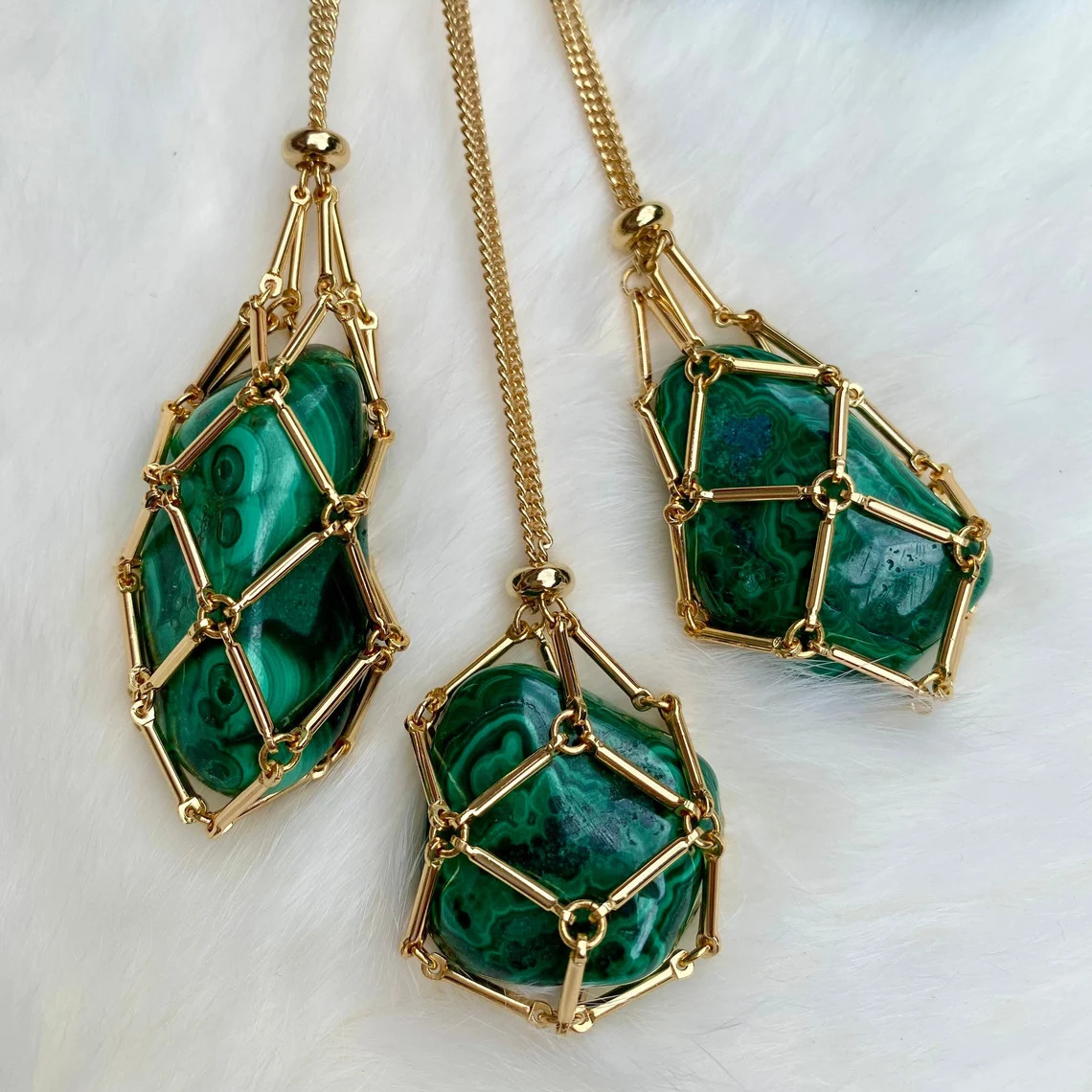 18K Gold Natural Crystal Original Stone Net Pocket Metal Bamboo Necklace Woven Pendant Adjusting Chain Pendant Net Pocket