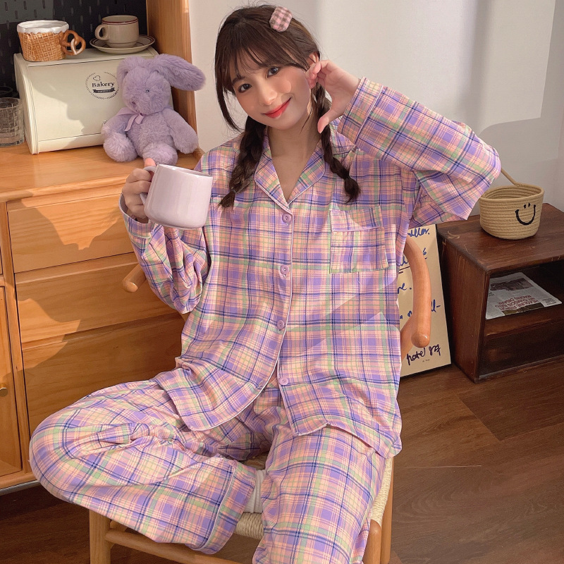 Picture of New Ins Pajamas for Women Simple Stripesd Internet Celebrity Long-Sleeved Cardigan Girl Korean Version Thin Home Wear Set Wholesale
