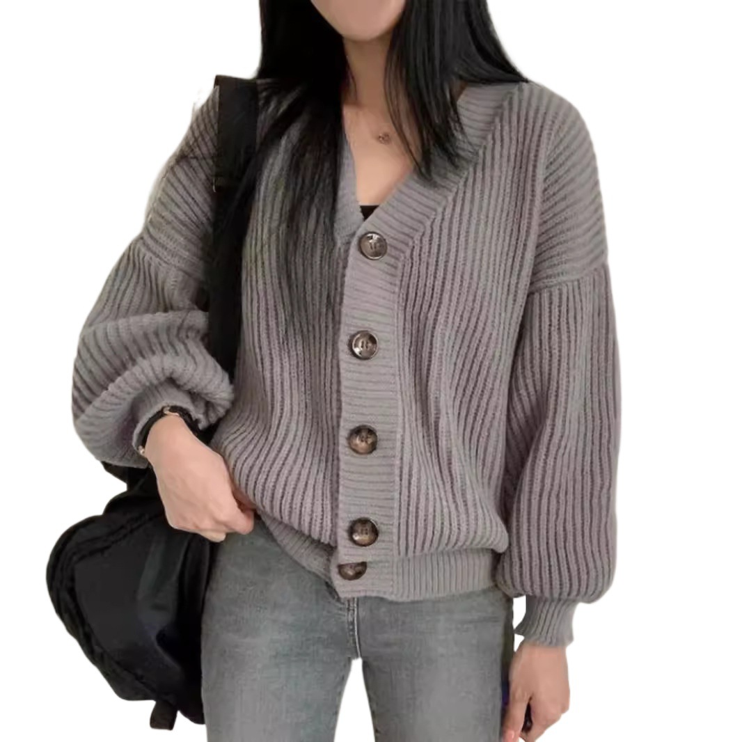 Picture of Early Autumn New Versatile Sweater Jacket for Women Loose Large Version Lazy Lantern Sleeve Warm Thick Knitted Cardigan Gray