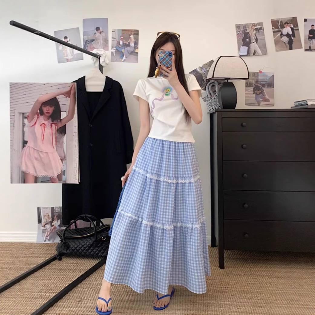 Gentle Style mm Women's Summer Plaid Cake Skirt Petite A-Line Skirt Fat Draped Skirt High Waist Large Size