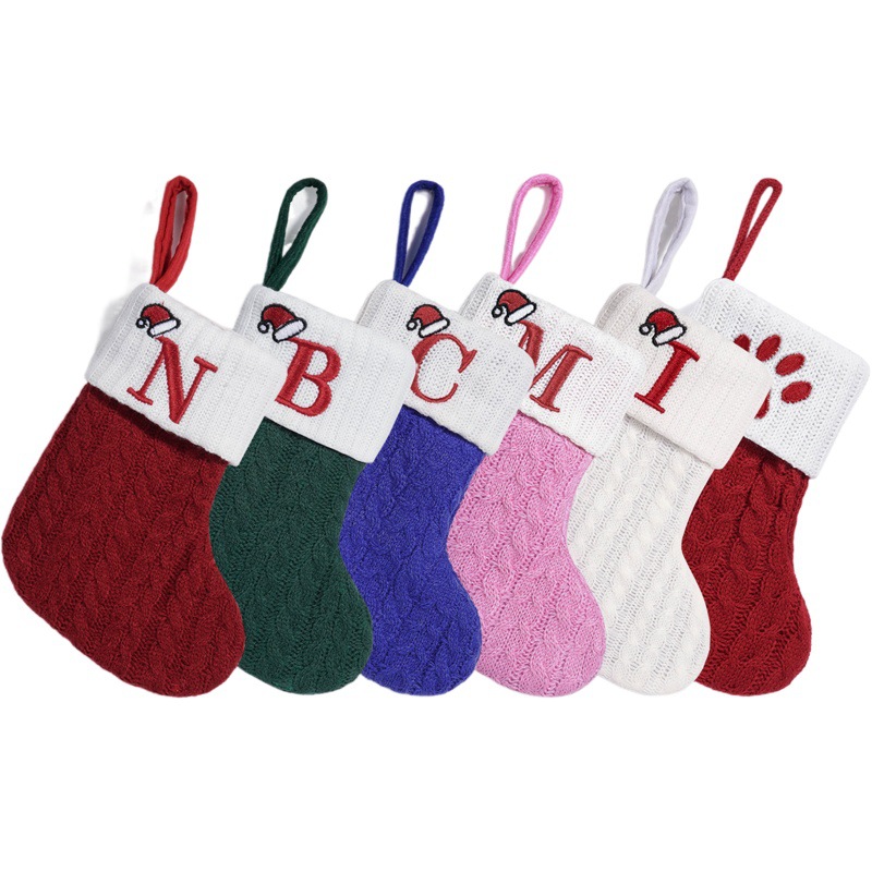 Cross Border Christmas Decoration Knitted Multicolor Christmas Stockings Creative Letter Embroidery Stockings Window Christmas Tree Pendant
