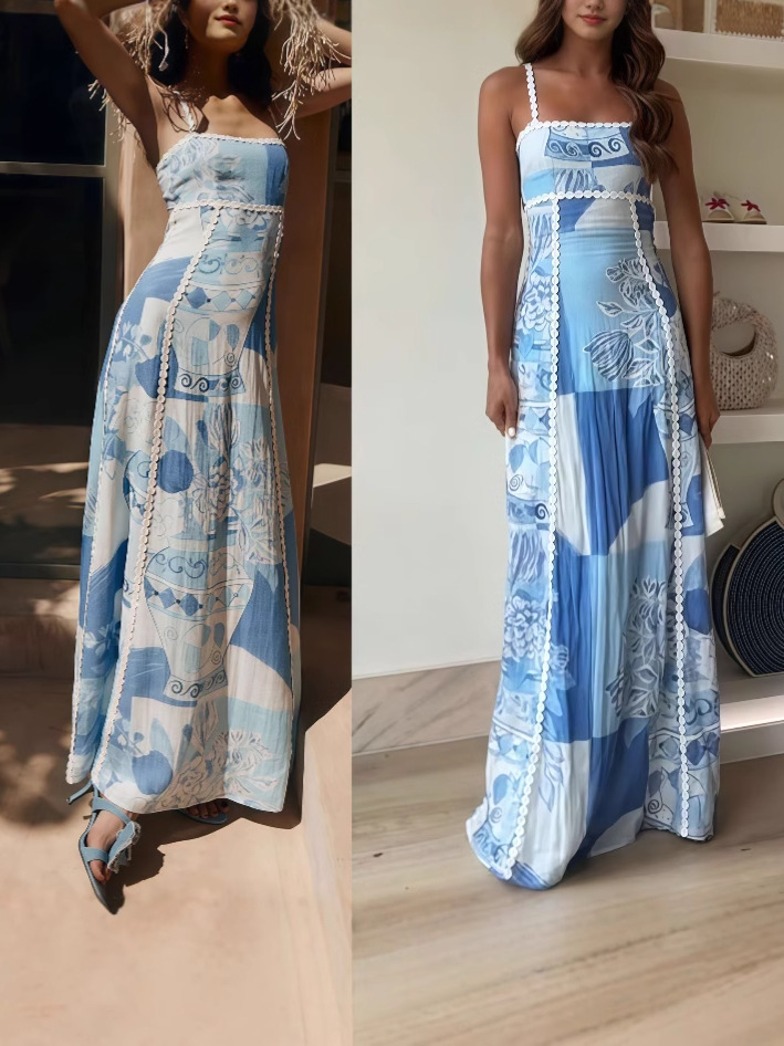 Cross-border Foreign Trade 2025 Amazon Spring and Summer New Lace Sling Leisure Holiday Bow Printed dress