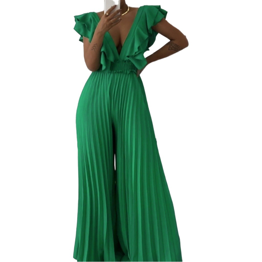 C8574 Cross-border Women's 2024 New Deep V-neck High Waist Sexy Ruffled Wide Leg European and American-style Pants