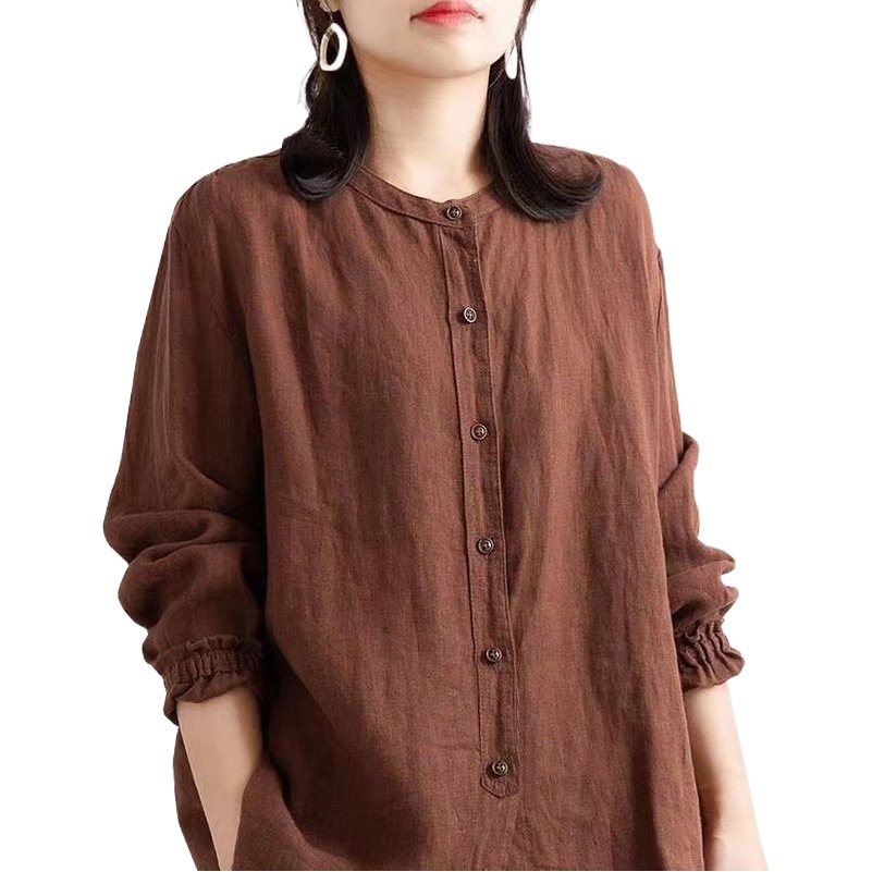 Picture of Artistic Retro 2024 Spring and Autumn Cotton and Linen Shirt Women's Loose Round Neck Shirt Jacket Casual Jacket Neck Sleeves