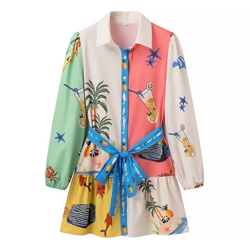 2025 Export Cross-Border European and American Clothing New Long-Sleeved Printed Shirt Dress 2062