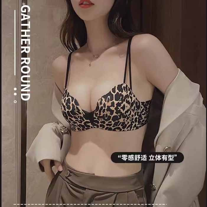 Picture of Underwire Leopard Print Bra and Panty Set for Women, Small Bra, Seamless, Thickened, Push-Up, Enhancing, Anti-Sagging Bra