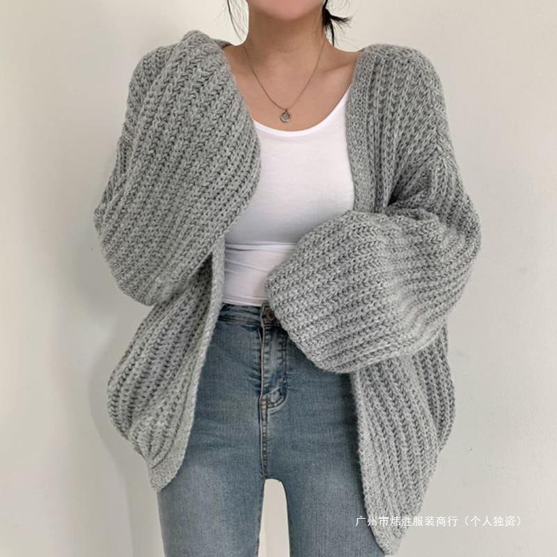 Korean Chic Autumn Casual V-Neck Versatile Loose Solid Color Lantern Sleeve Knit Cardigan Sweater Coat