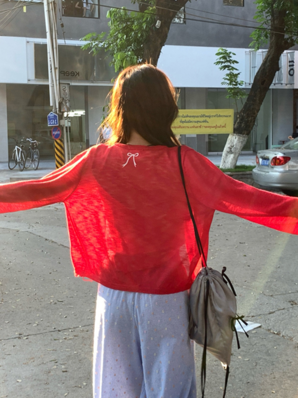 Red Cardigan Women's Summer Thin Outer Knitted Jacket with Bow Embroidered Back Air Conditioning Top Fashionable