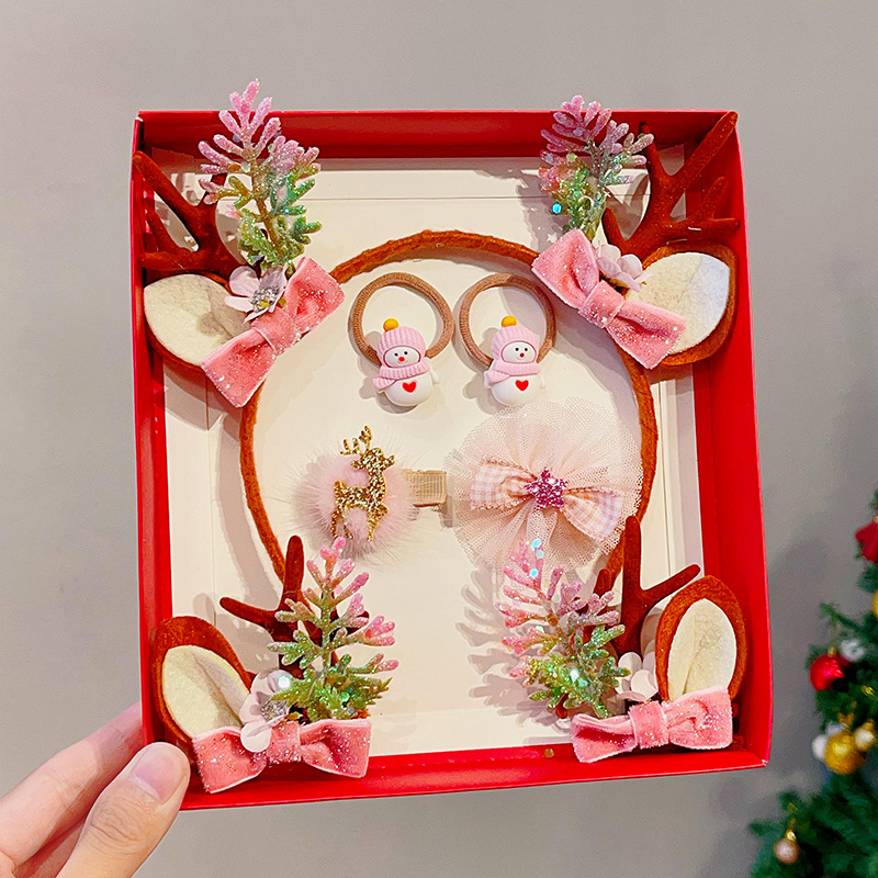 Picture of 2023 new children Girl Christmas headband hairpin suit combination cute antlers Christmas headband hairpin headdress