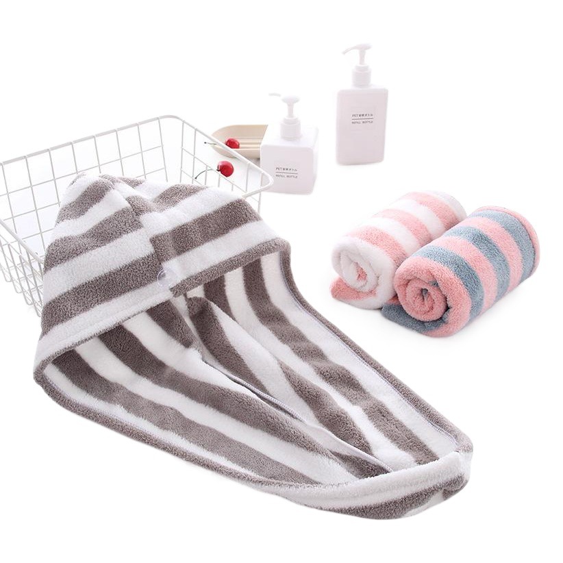 Factory Sales Color Strip Coral Fleece Hair Drying Cap Water Absorbent Quick-drying Thickened Shower Cap Hair Wipe Towel Hair Drying Towel