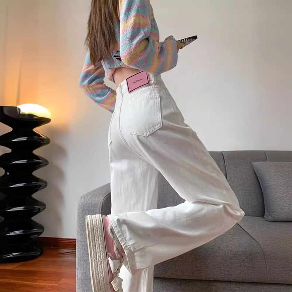 White High Waist Wide Leg Jeans Women's Small Loose Narrow Style Straight Style Drape Trendy Pants for Summer