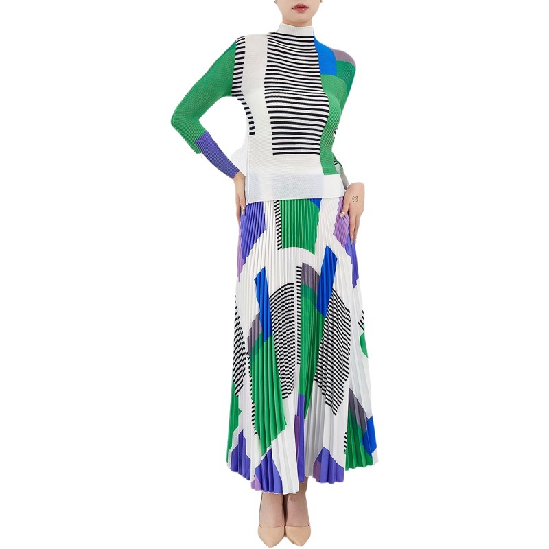 Cross-Border Women's Clothing Set, Women's Autumn Fashion Two-Piece Set, High-Neck Printed Slim-Fit Long-Sleeve T-Shirt and Skirt Two-Piece Set