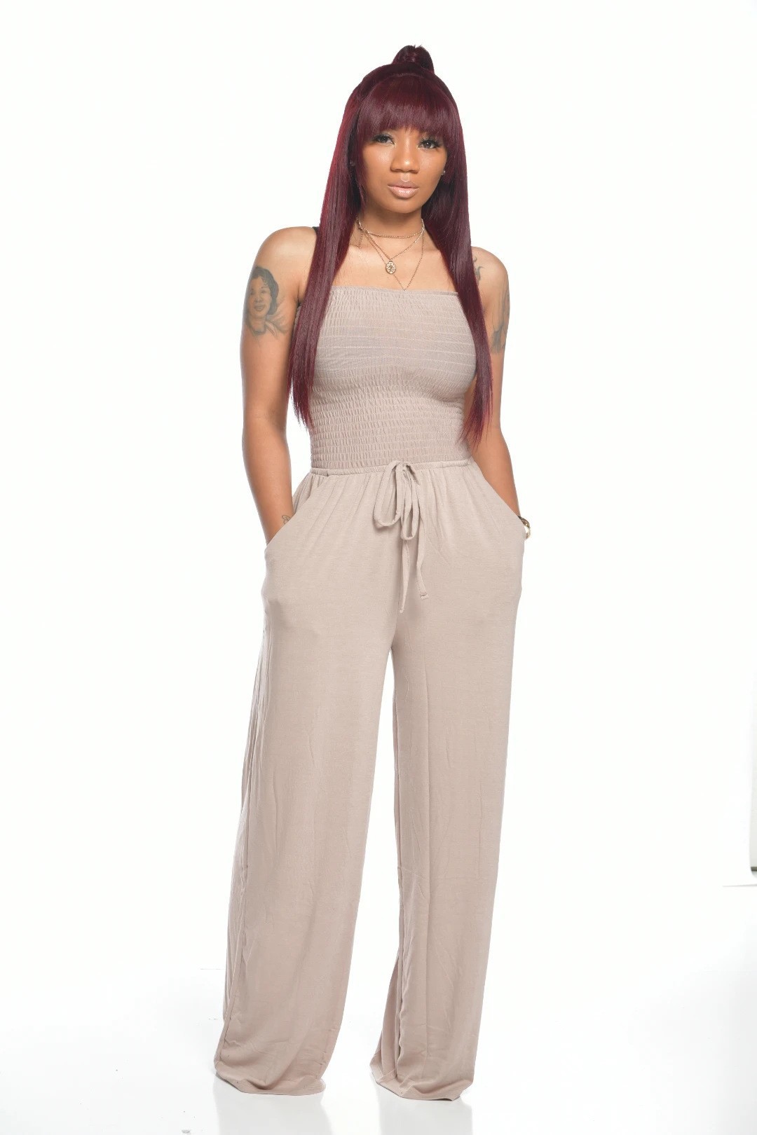 Picture of 2025 Amazon Aliexpress Cross-Border European and American Clothing Casual Flat Shoulder Wrapped Chest Wide Leg Jumpsuit Jumpsuit Women's Clothing