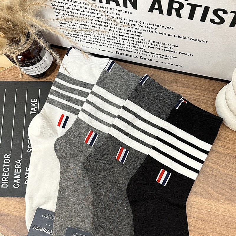 British Style Autumn and Winter Korean Genuine Imported Etna Gray Socks Men's Stripesd Dongdaemun Purchasing Cotton Socks Mid-Tube