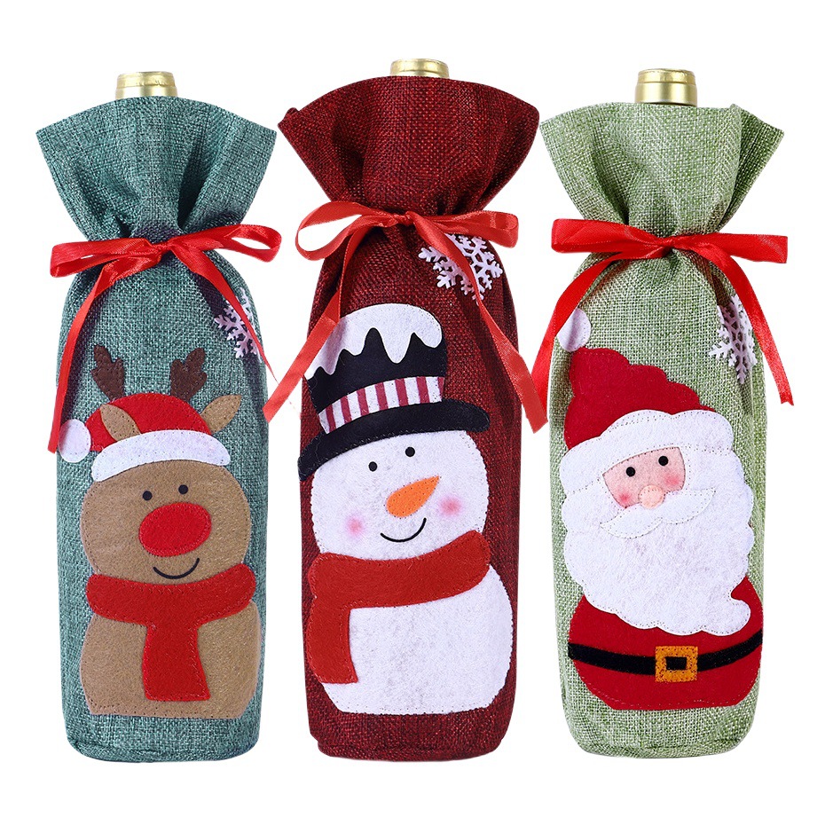 New Christmas linen red wine bag drawstring linen bunched mouth red wine packaging bag linen red wine bag set