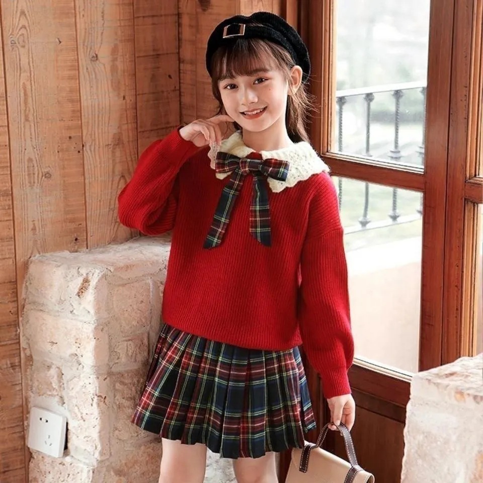Picture of Girl's Autumn and Winter Dress Spring New Arrival Western Style Children's College Style Knitted Pullover Sweater Fashionable Pleated Skirt