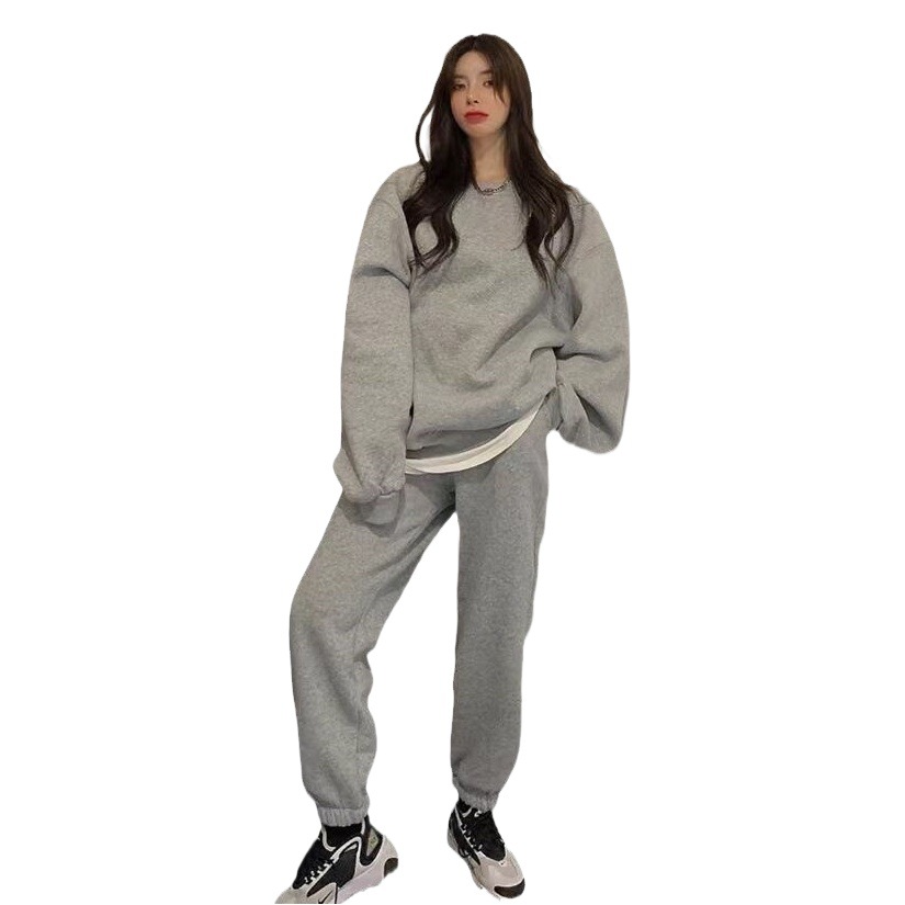 Autumn and Winter fleece-lined thickened casual fashion sports suit loose Korean style trendy sweater trousers two-piece women's clothing