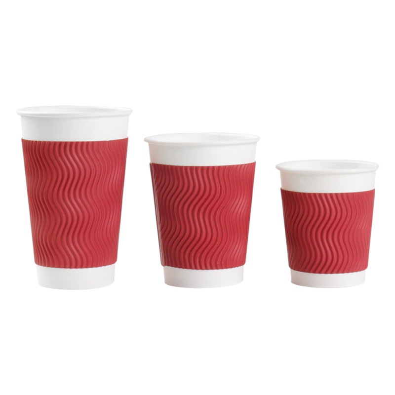 Paper Cup Disposable Thickeneded Double-Layer Corrugated Coffee Paper Cup Insulated Milk Tea Hot Drink Cup Red and Black 100 Pieces