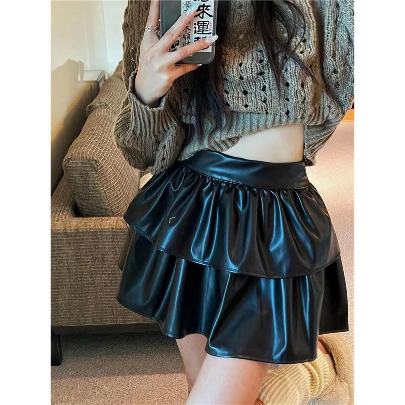 Black pu Leather Skirt A-line Skirt for Women Autumn and Winter New High-waisted Hip-covering Sexy Cake Tutu Skirt Trendy