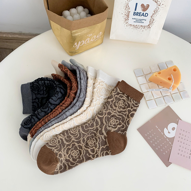 Camellia mid-tube women's socks personalized three-dimensional relief socks