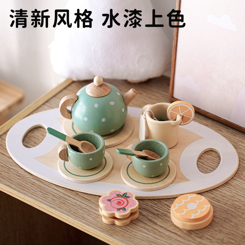 Picture of Children's Play House tea set combination afternoon tea dessert simulation teapot tableware suit wooden kitchen cutting toys