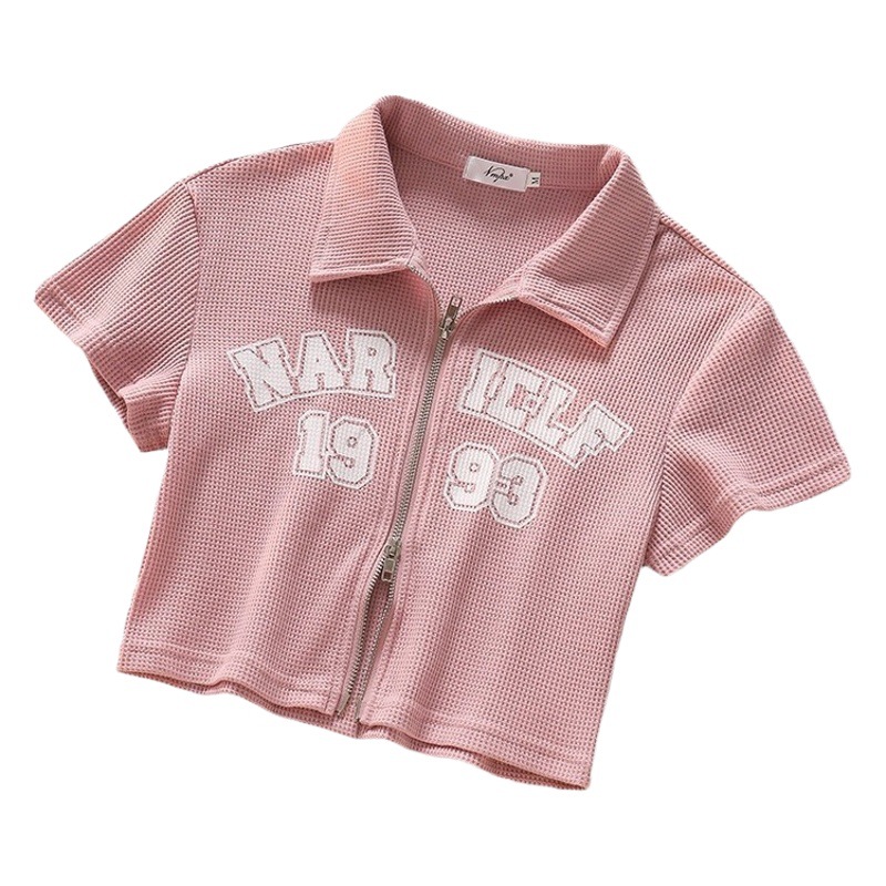 Waffled Polo Collar Short-sleeved T-shirt Women's Spring and Summer American Style Retro Letter Printed Short Zipper Cardigan Top