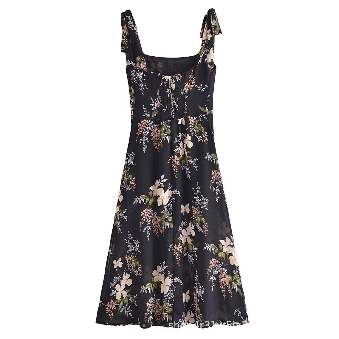 2023 niche retro printed square collar sexy side fork straps beach resort slim dress in long skirt female