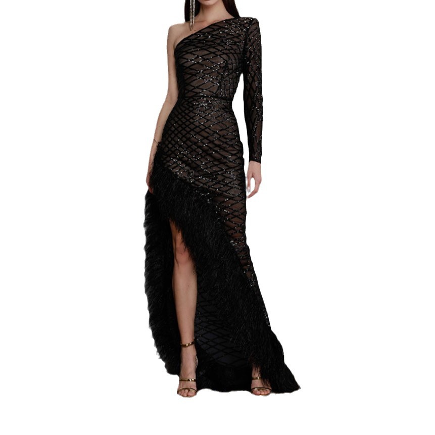 Picture of 2025 Cross-Border Spring and Summer New European and American Clothing Pure Color Sleeveless Asymmetrical Slope Collar Elegant Mesh Evening Dress Long Skirt