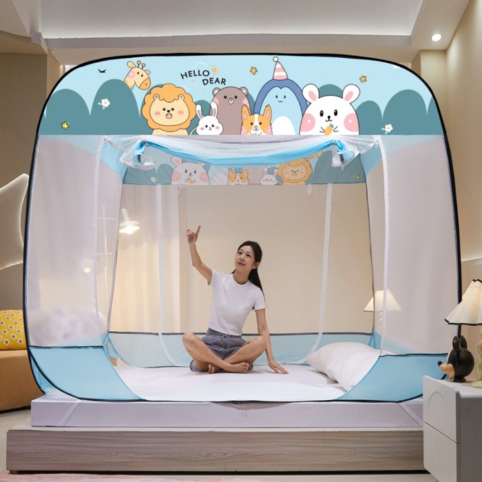 Class a Installation-Free Yurt Mosquito Net Bed-Type Cartoon Foldableable Square Top Anti-Fall Full Bottom U-Shaped Three-Door Wholesale