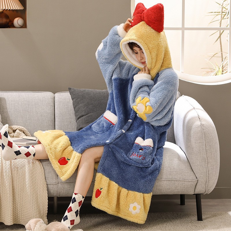 Autumn and Winter Cartoon Cotton Fleece Bathrobe Cute Couple Men and Women Animal Cyber Celebrity Snow White Thickened Nightgown