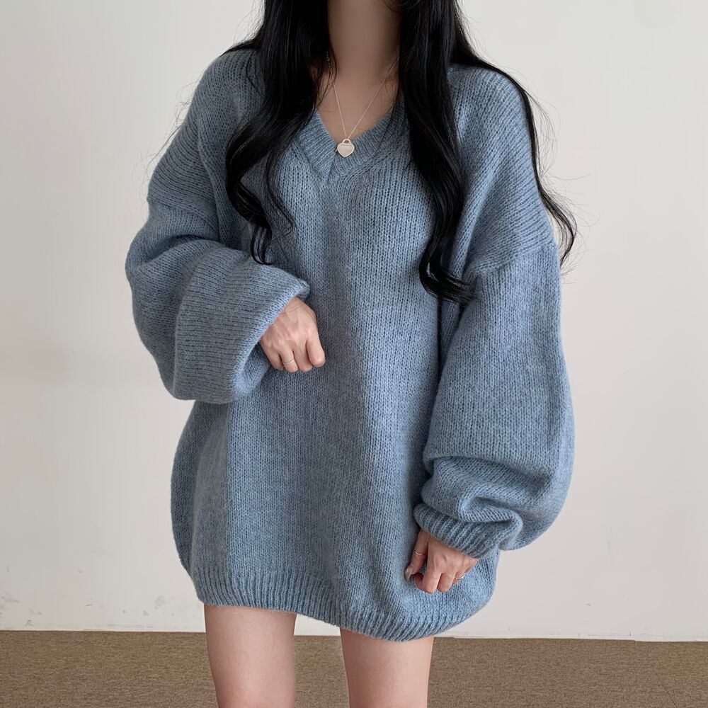South Korea Chic Autumn and Winter French Style Laid-back V-neck Loose Soft Waxy All-match Solid Color Long-sleeved Pullover Knitted Sweater for Women