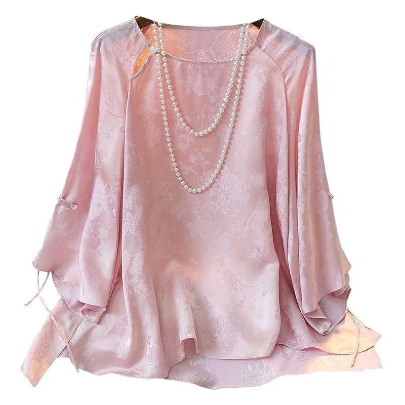 Pink Printed Mulberry Silk Top Women's 2022 Summer New Chinese-style Round Neck Silk Blouse