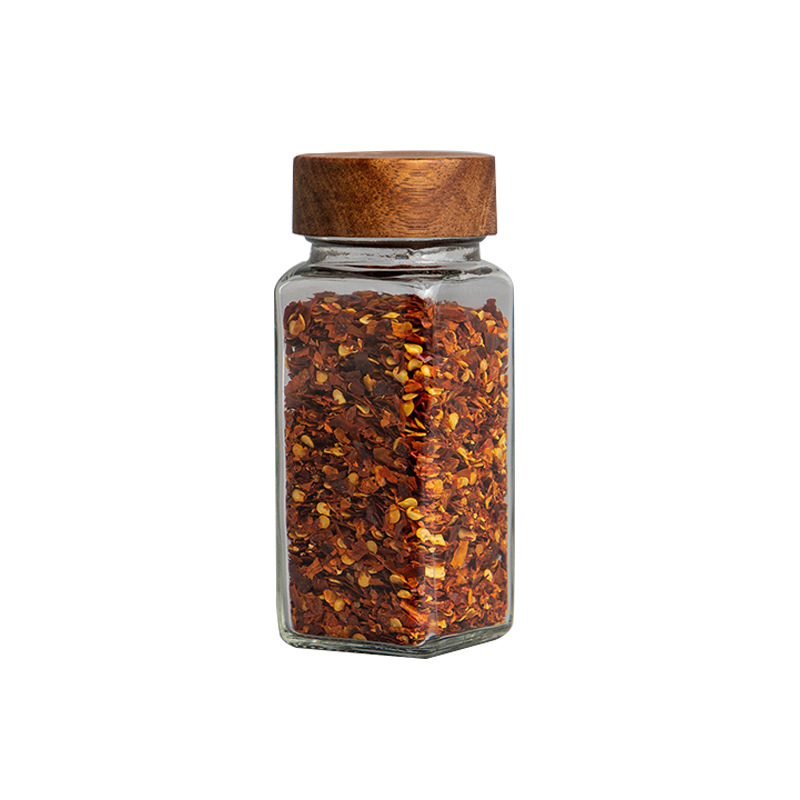 Picture of Wholesale Acacia Wood Cap Seasoning Bottle 120ml Square Lead-Free Glass Seasoning Jar Kitchen Spice Bottle 4oz Seasoning Bottle