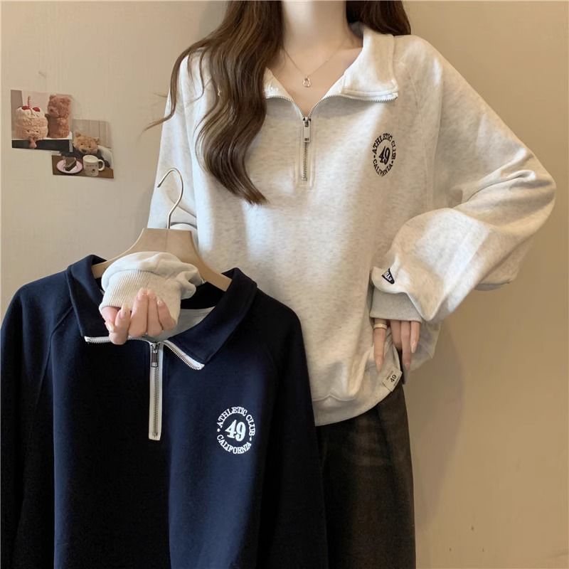 Niche Embroidered Design Sense Half-zipper POLO Collar Pullover Long-sleeved Sweat Women's Autumn and Winter Loose Slim-fit Age-reducing Top