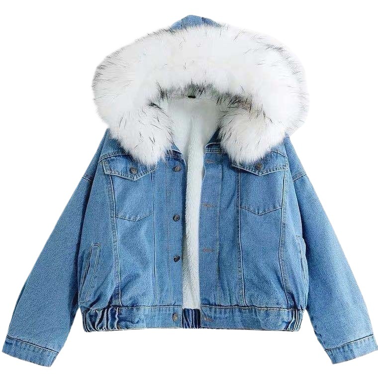 Picture of 2025 Autumn and Winter New Denim Jacket Women's Korean Style Loose Female Student Plus Velvet Thickened Large Fur Collar Hooded Jacket Women