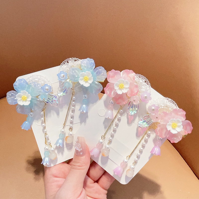 Picture of Hanfu Headwear for Girls and Children Chinese Style Walking Tassel Hairpin for Girls Super Fairy Princess Ancient Dress Flower Hairpin Headwear