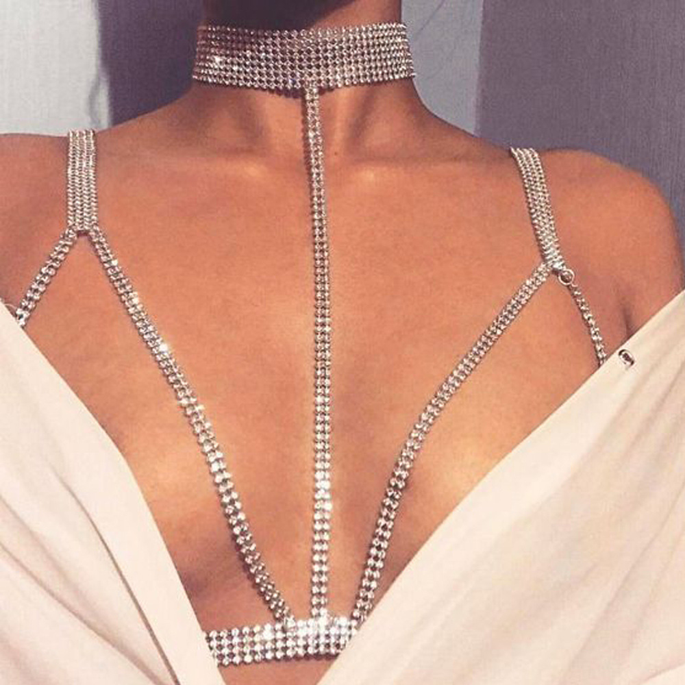 European and American Cross-border Explosions Fashion Full Diamond Multi-layer Necklace Sexy Bikini Rhinestone Chest chain for Women body chain