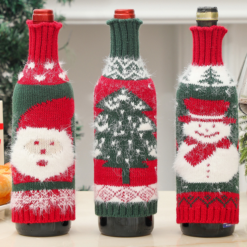 New High-end Wool Mink Wool Knitted Christmas Wine Bottle Set Santa Claus Snowman Christmas Tree Wine Bottle Set Spot