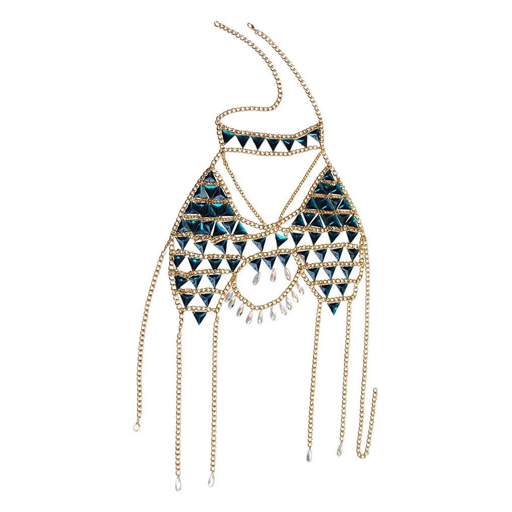 2024 European and American Cross-Border Jewelry New Fashion Blue Crystal Pendant Chest Chain Summer Beach Bikini Body Chain