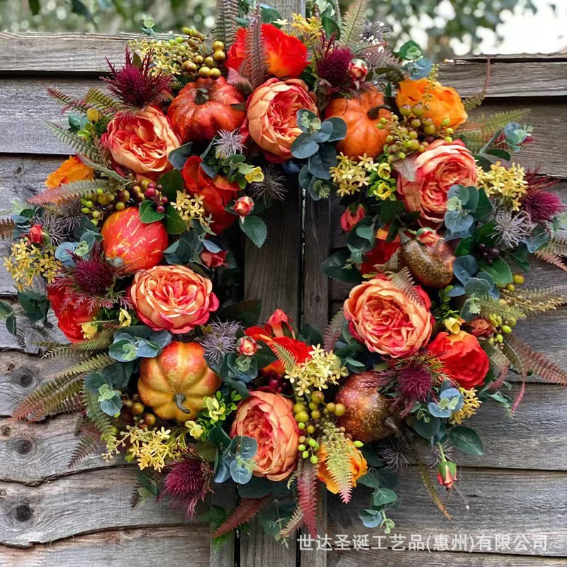 Peony Pumpkin Wreath Autumn Harvest Halloween Wreath Hanging Pumpkin Wreath Home Door Decoration Pendant Wreath
