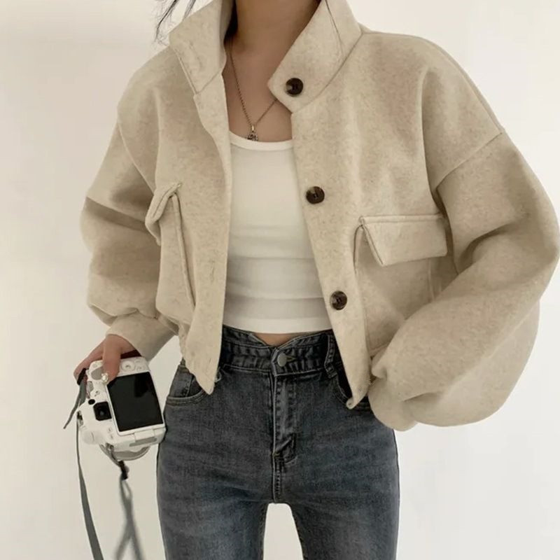 Picture of Internet celebrity cool handsome Korean style autumn and winter New stand collar niche short lazy style loose casual woolen woolen coat for women